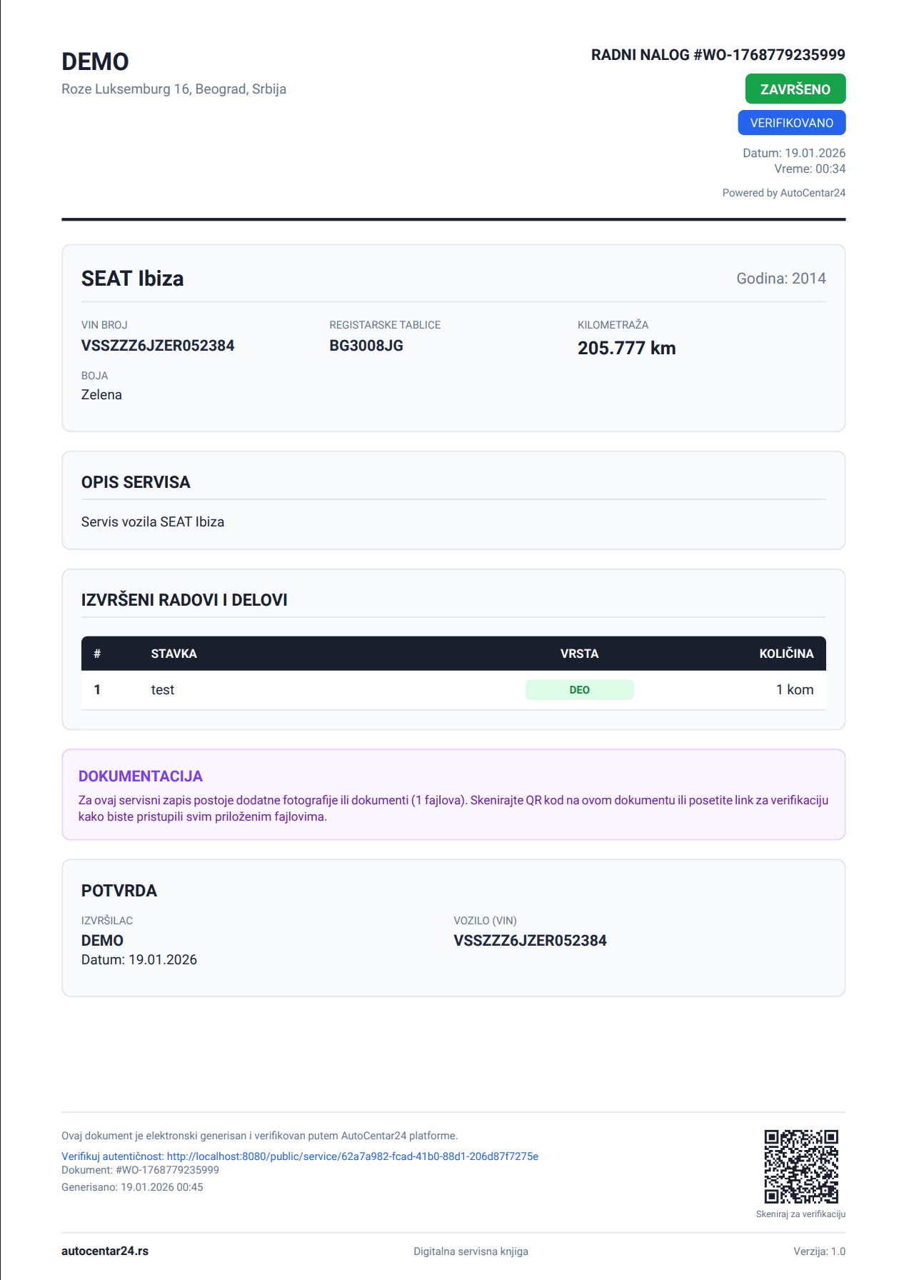 AutoCentar24 PDF Radni Nalog